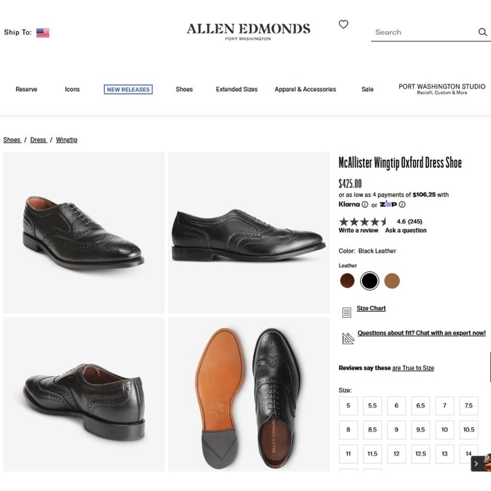 Allen Edmonds McAllister Black Leather Dress Shoes Mens 8A Wingtip Brogue Oxford - Picture 5 of 13